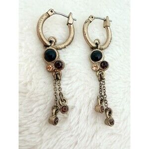 Vintage Antique Brass Hoop Dangle Earrings Rhinestone Chain Drop Boho